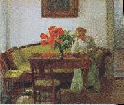 Anna Ancher Interior with poppies and reading woman Spain oil painting artist